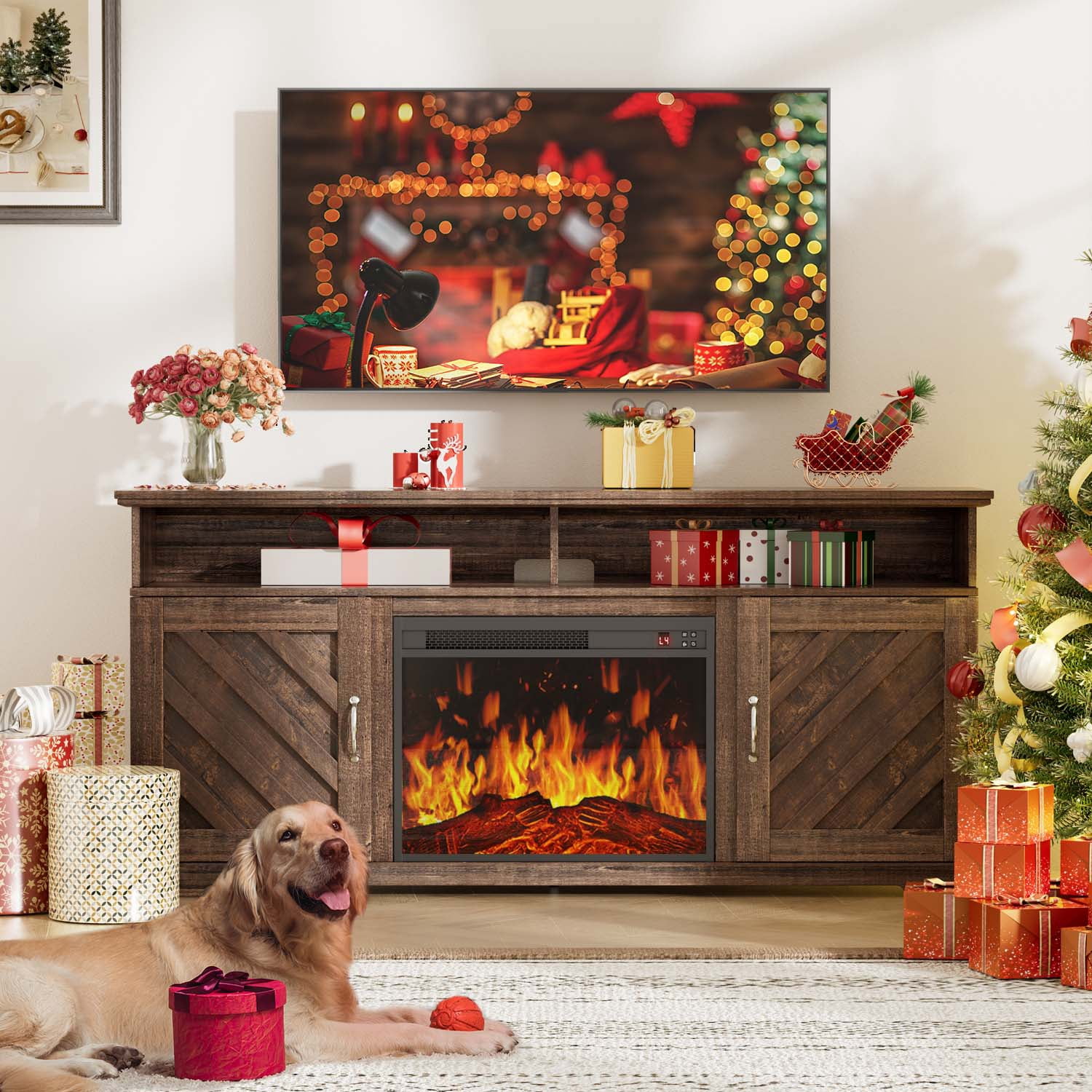 CHITOOMA Electric Fireplace TV Stand for 65 70 75 inch TV with Remote Control, Farmhouse Entertainment Center with 23″ Fireplace for Living Room, Bedroom,Vintage Brown