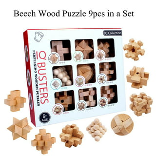 Etna Wood Peg Puzzle Set with 6 Puzzles and Wire Storage Rack