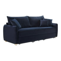 Bowery Hill Velvet Fabric Upholstered Sofa with Sleeper and 3 Pillows in Blue