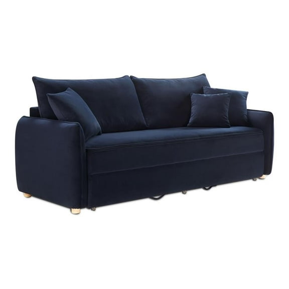 Bowery Hill Velvet Fabric Upholstered Sofa with Sleeper and 3 Pillows in Blue