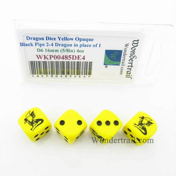 Dragon Dice Yellow Opaque with Black Pips D6 16mm (5/8in) Set of 4 Wondertrail