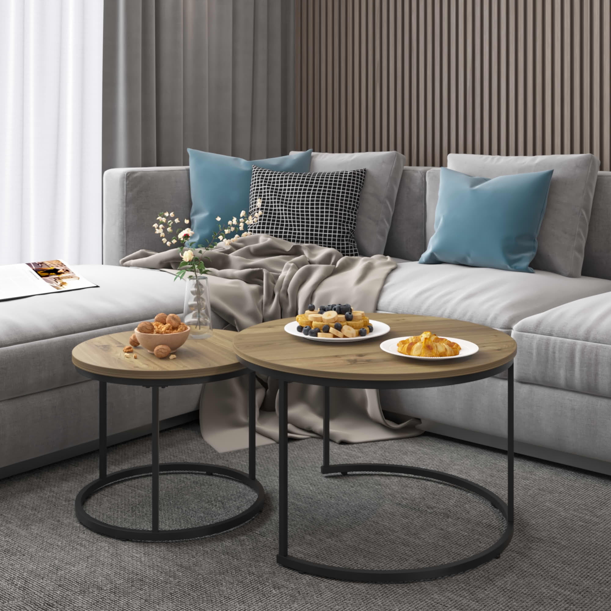 MAYEERTY 27.6" Nesting Coffee Table Set of 2, Round Wood Marble Top & Sturdy Metal Frame for Balcony Yard, Brown