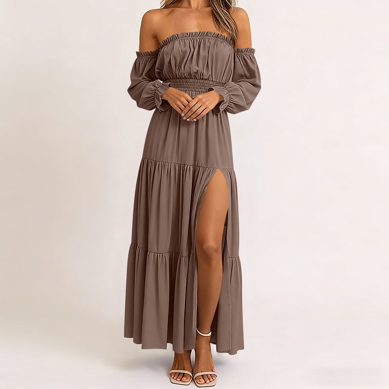 off the shoulder smocked maxi dress Veminea Off-Shoulder Smocked Maxi Dress