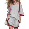 thumbnail image 3 of Women Color Block Off Shoulder Short Sleeve Top and Drawstring Shorts 2 Piece Outfit Set Gray XXXL, 3 of 9