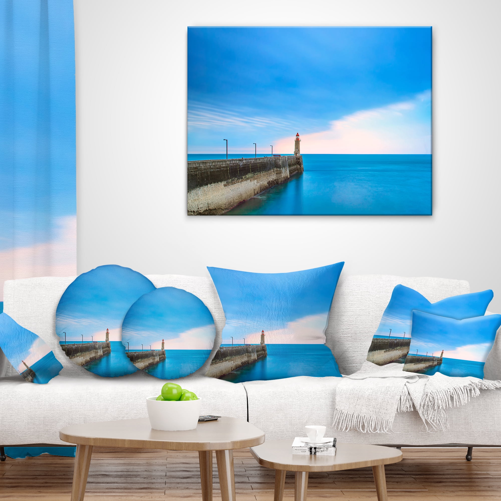 Designart Pier and Lightour in Sunset - Seascape Throw Pillow - 16x16