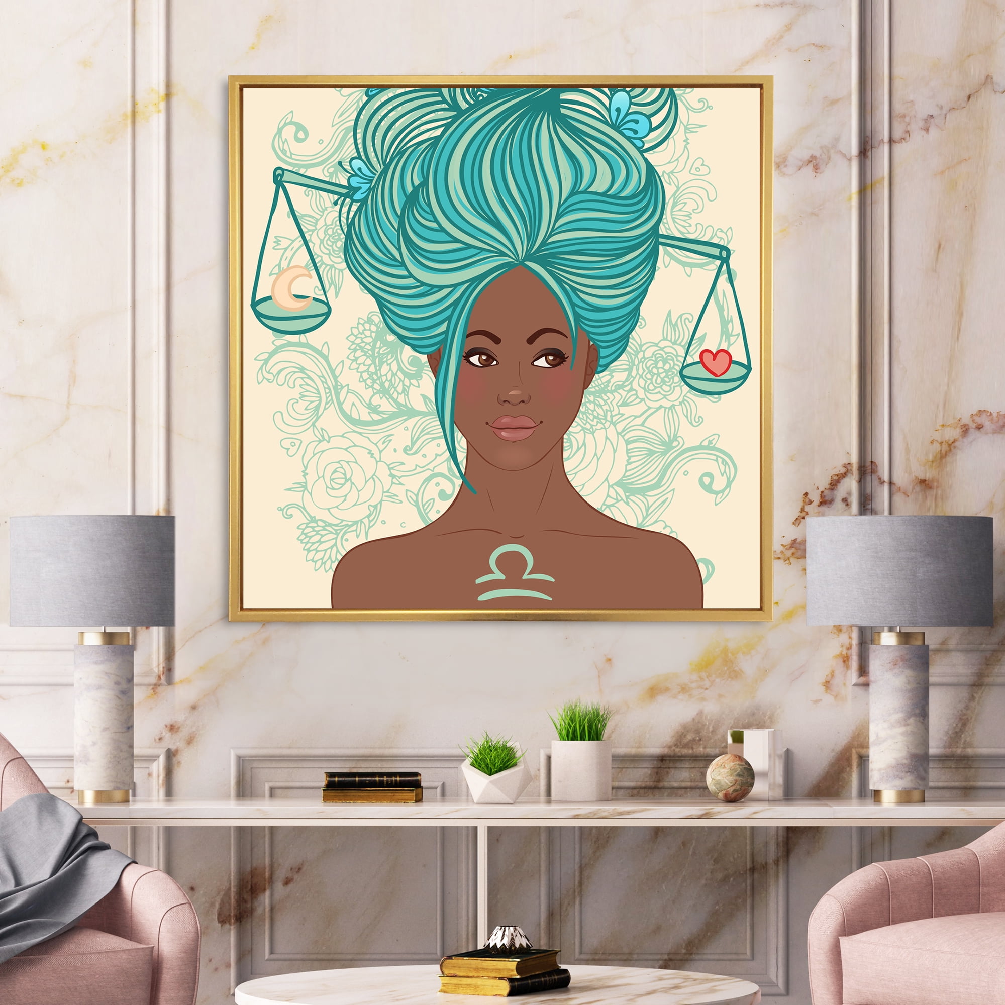 Designart 'Portrait of African American Woman With Blue Hair I' Modern Framed Canvas Wall Art Print