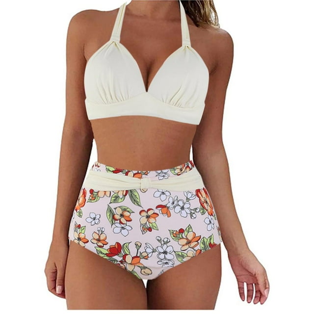 Womens Two Piece Swimsuits Halter Neck Top High Waisted Bathing Suits Tummy Control Bikini Swimwear