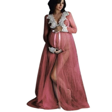 

Odeerbi Maternity Maxi Dress For photoshoot Women Summer Sexy Net Yarn Lace Dress Split Fork Belt Dress Fashion Long Sleeve V-neck Dress Beige