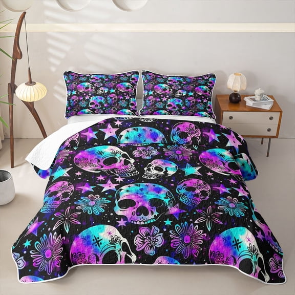 Homewish Happy Halloween Twin Quilt Set,Multicolor Gradient Skull Twin Coverlet Set,Green Purple,2-Piece