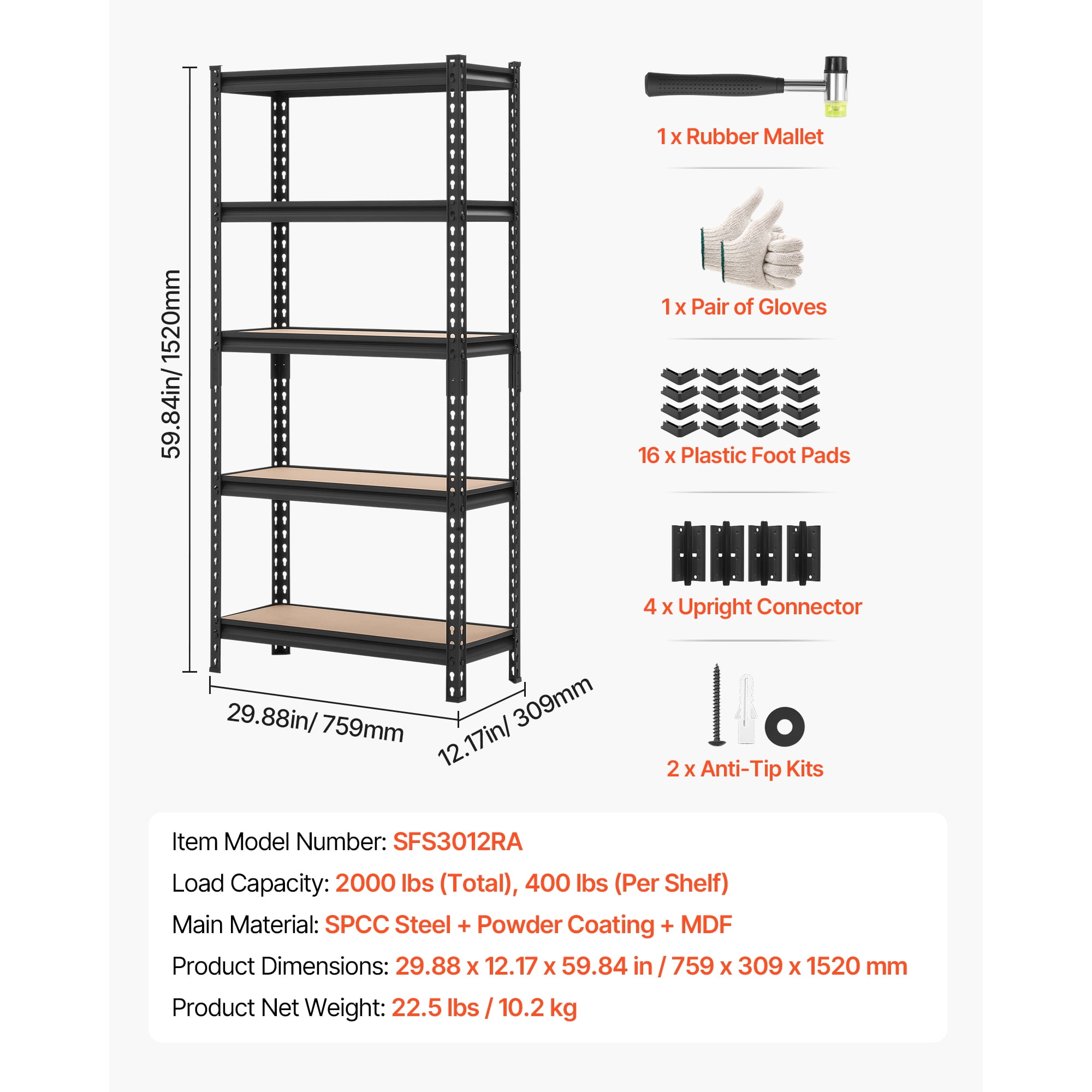 KFFKFF 5-Tier Adjustable Storage Shelves, 2000 lbs Capacity, Heavy Duty Metal Rack for Garage, Kitchen, Basement, or Bathroom, 29.88" W x 12.17" D x 59.84" H