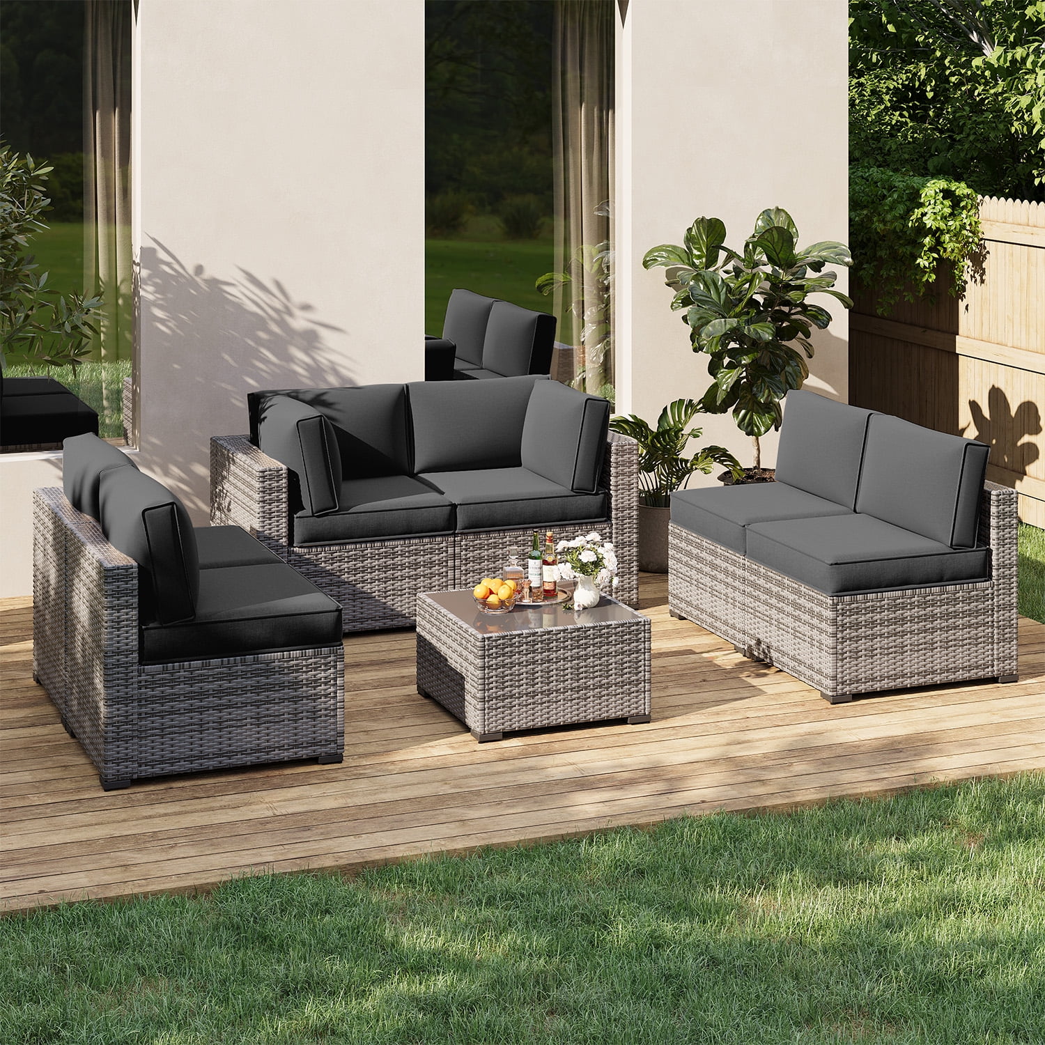 Clouddwell 14-Piece Outdoor Cushion Set for 6-Seat Wicker Sectional - Waterproof, High-Resilience Foam (Dark Gray)