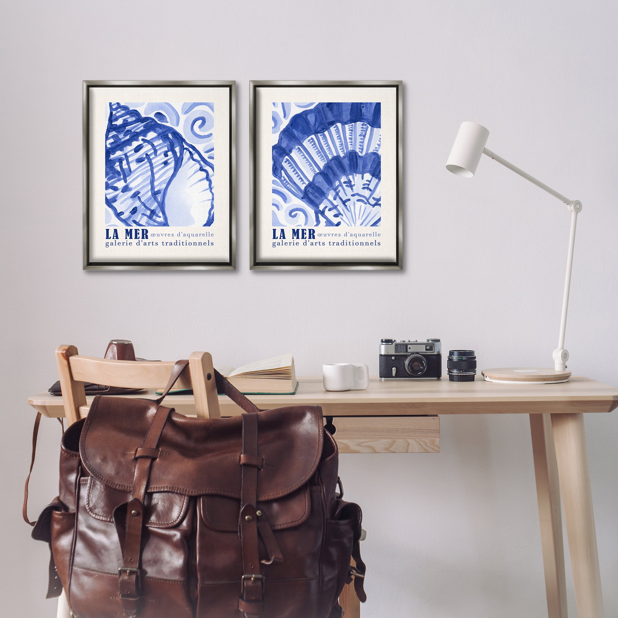 Stupell Industries Seashell Gallery Posters Nautical & Beach Painting Gray Floater Framed Canvas Art Print Wall Art, 17 x 21, Set of 2