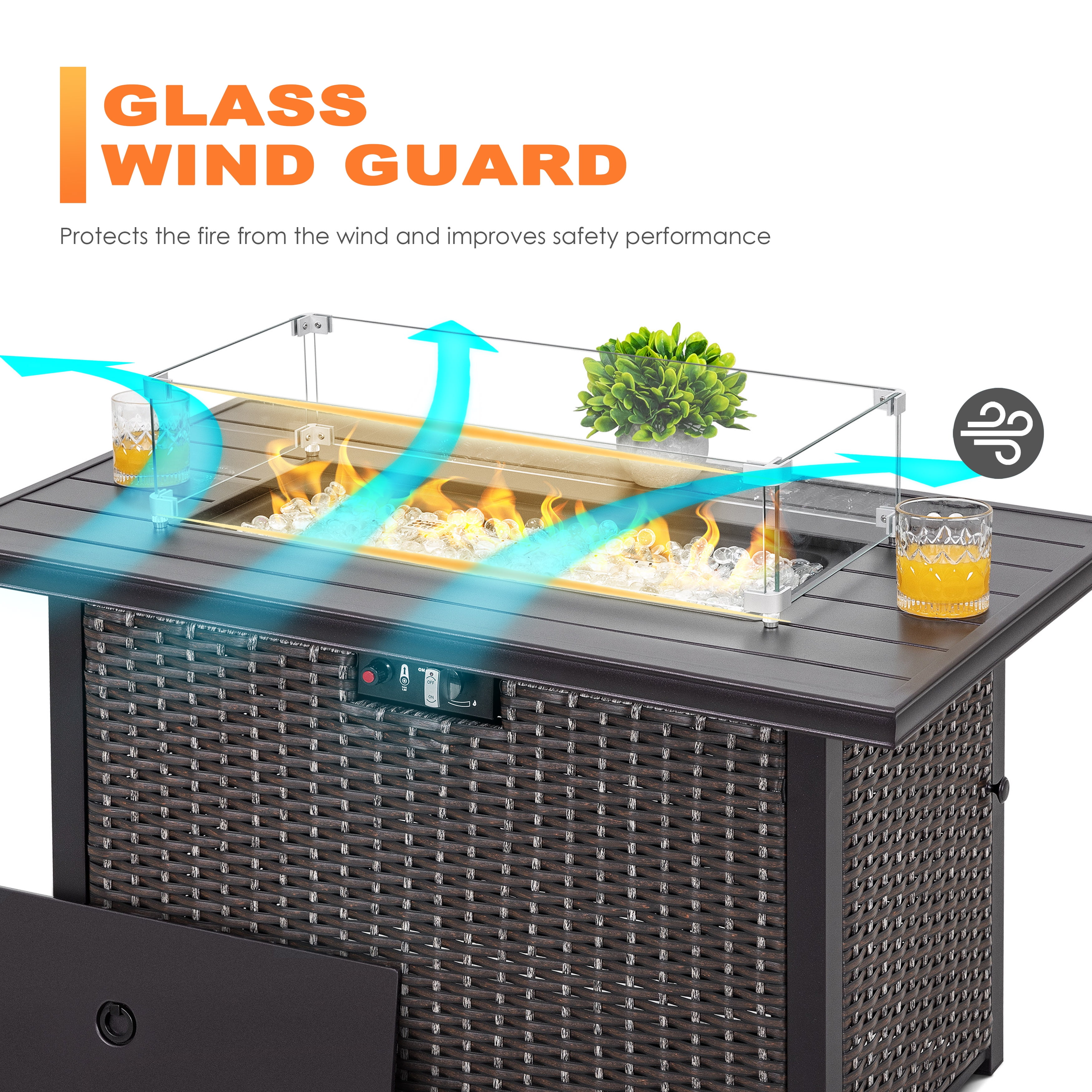 Nuu Garden Fire Pit Glass Wind Guard, Transparent Tempered Glass, Polished Aluminum Brackets, 3M Anti-Slip Pads, Rectangular, for Fire Pit Table