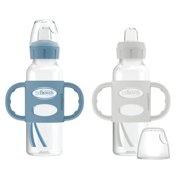 Dr. Brown's Milestones Narrow Sippy Spout Bottle with 100% Silicone Handles, 8oz/250ml, 6m+, Light Blue & Gray, BPA Free, 2 Pack