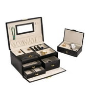 International  Black Leather 2 Level Jewelry Box with 3 Drawers, Removable Travel Tray, Mirror & Locking Clasp