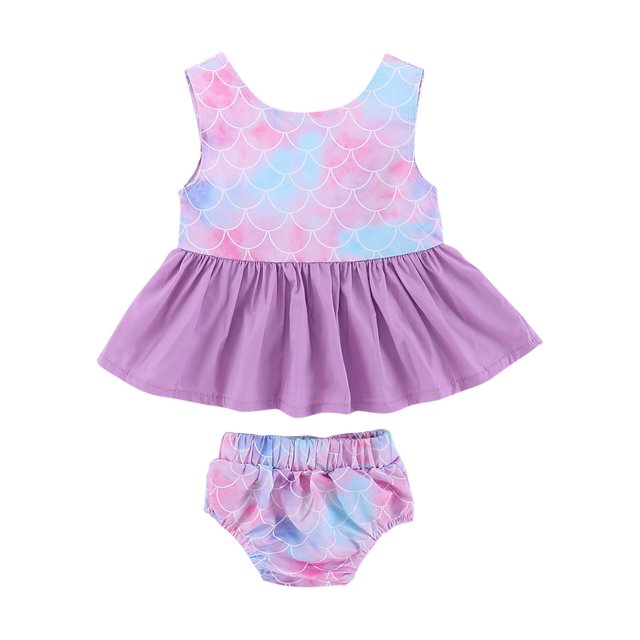 Ropa Para Bebé (Niño O Niña), Traje Para Niño Pequeño, Moda, Lindo Patrón De Sirena, Volantes Sin Espalda, Pantalones Cortos De Color Degradado, Traje Rosa Odeerbi LM103-8963