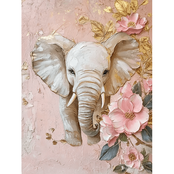 Pink Elephant with Flowers Canvas Painting, Suitable for Living Room, Bedroom, Nursery, Office, and Hallway Decoration.