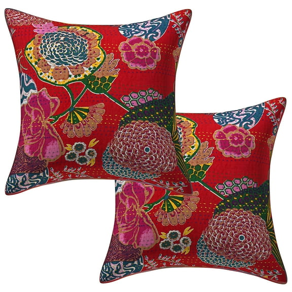 Stylo Culture Ethnic Chair Seat Throw Pillow Covers 16x16 Kantha Red Printed 40cm x 40cm Living Room Decor Cotton Tropicana Square Cushion Covers | Set Of 2