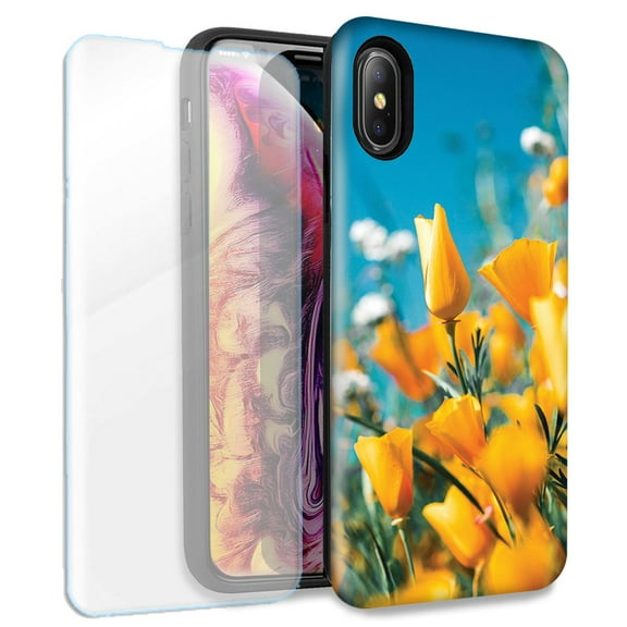 Mundaze Yellow Flowers Double Layer Case w/Glass Screen Protector For Apple iPhone X/XS