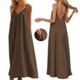 thumbnail image 3 of JIAYUE Women's Dress V Neck Spaghetti Strap Solid Color Linen Long Dresses Loose Fit Flowy Casual Sundress Sleeveless Vacation For Beach Holiday Daily Wear, 3 of 9