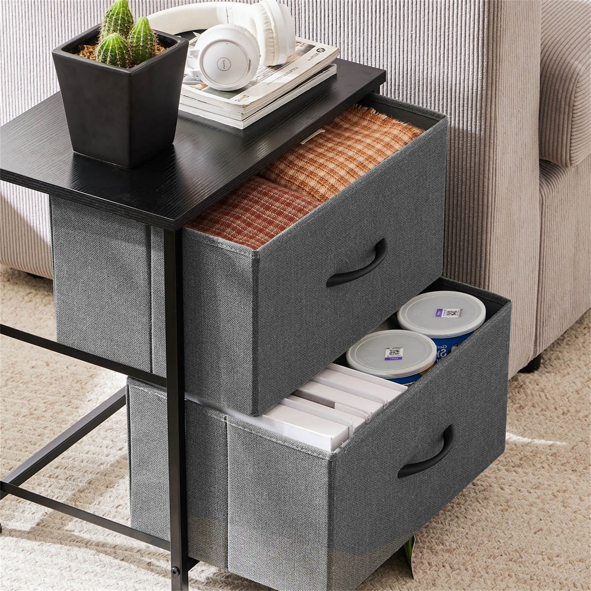 Kadyn Bedside Nightstand,End Table with 2 Drawers for Bedroom, Storage Organizer Furniture, Fabric Cabinet Wood Top, Lightweight Chest of Drawers, Mini Dresser for Clothes, Closet, Dorm,Gray