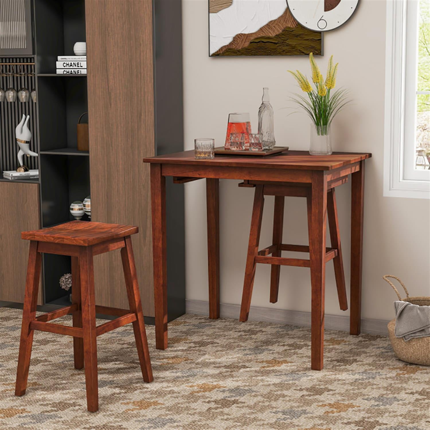 Demi Bonn 3-Piece Bar Table Set with Pub Table and 2 Saddle Stools, 35" Wooden Kitchen Dining Table Set, Perfect for Small Space, Brown