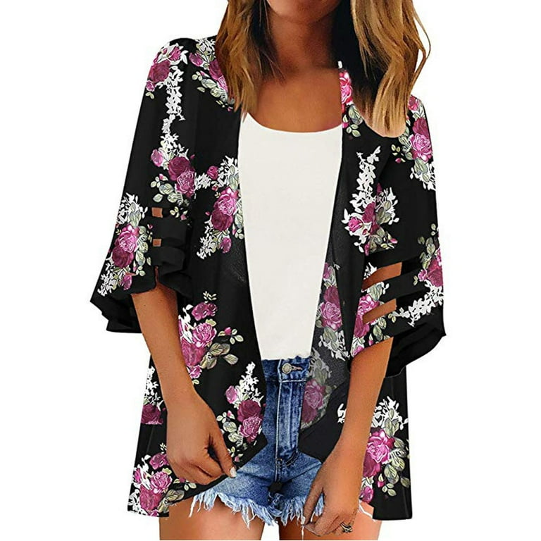 Women Jacket Mesh Panel 3/4 Bell Sleeve Floral Chiffon Casual Loose Kimono  Cardigan Jacket