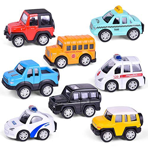 Metal Die Cast Vehicle for Babies,Boys,Toddlers and Kids Party Favors Age 1+ Geyiie Cartoon Cars Toy Pull Back Cars Mini Alloy Helicopter Boat Toy Play Set 6 Pack 