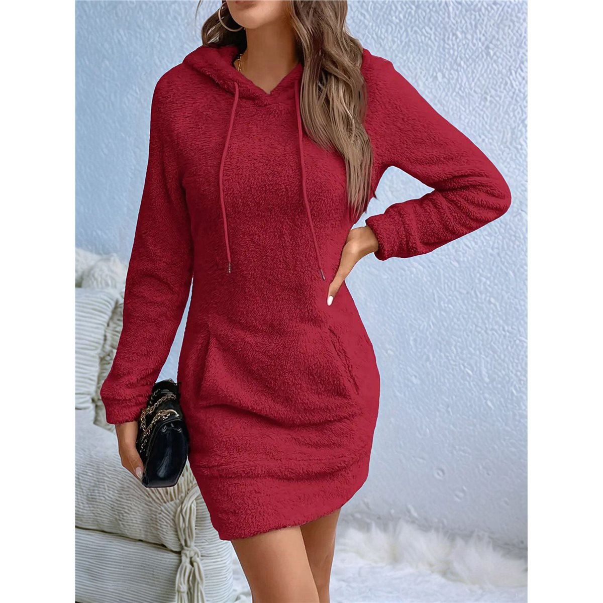 Women Hoodie Bodycon Dress Fuzzy Long Sleeve Pullover Sweatshirt Mini Dresses Red L
