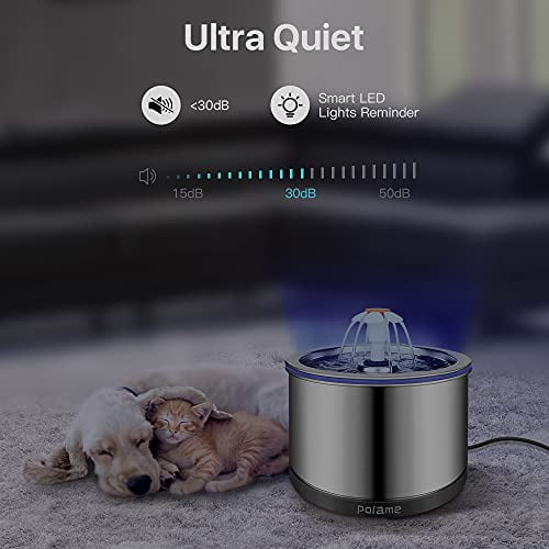 2.5L/84oz Pet Water Fountain Ultra Quiet Metal with LED Light & 4-Stage Filtration Automatic Water Dispenser for Cat Small Dogs Cat Water Fountain Stainless Steel 