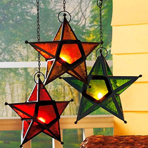 Hanging star glass lantern tea light holder choice of 4 colours-25cm 