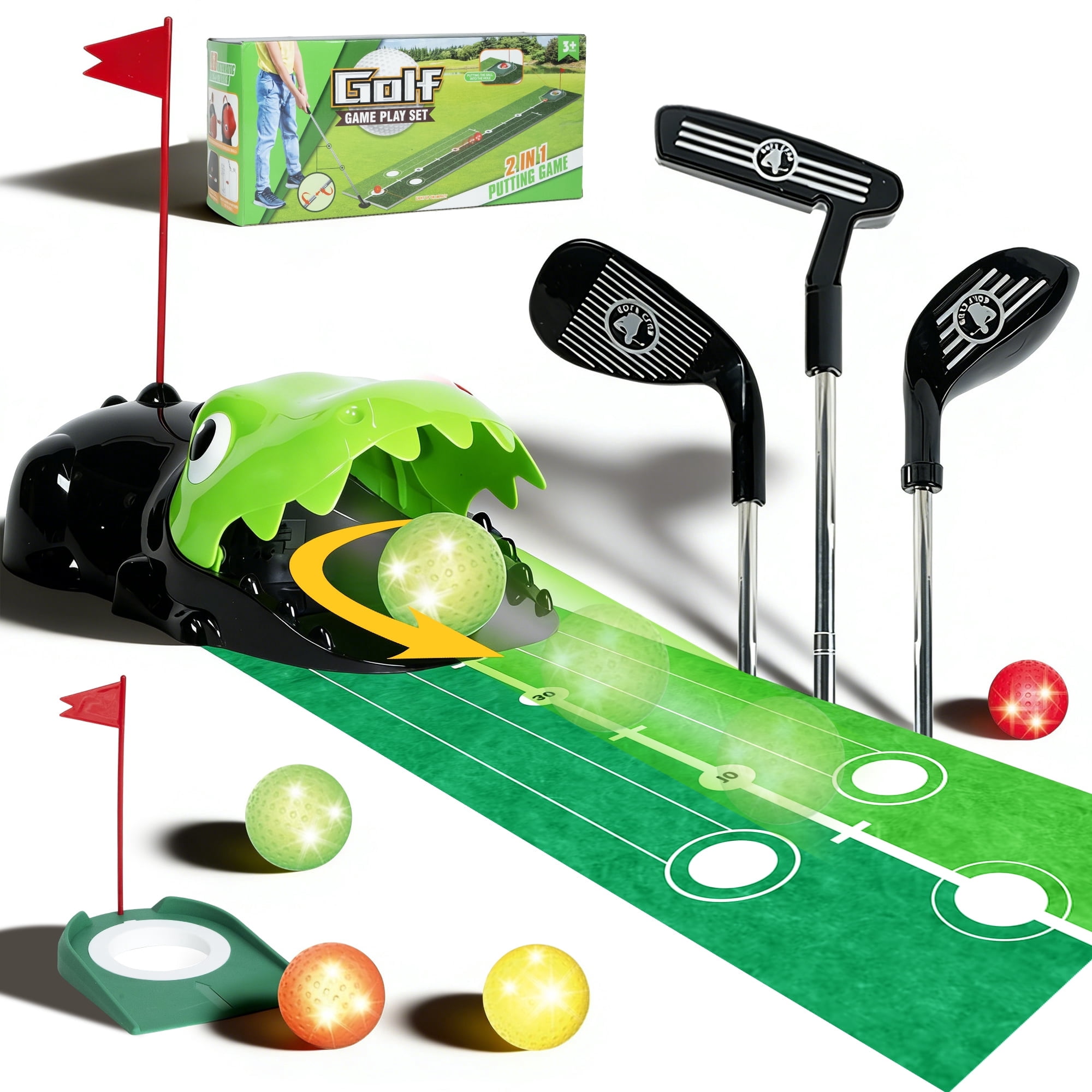 JUGAAD LIFE Toddler Golf Set Kids Toy Golf Clubs Set with Dinosaur Automatic Ball Returner 3 Clubs & Putting Mat Golf Game Indoor Outdoor Sport Toys Gift for Boys Girls 3 4 5 6+ Years Old - Green