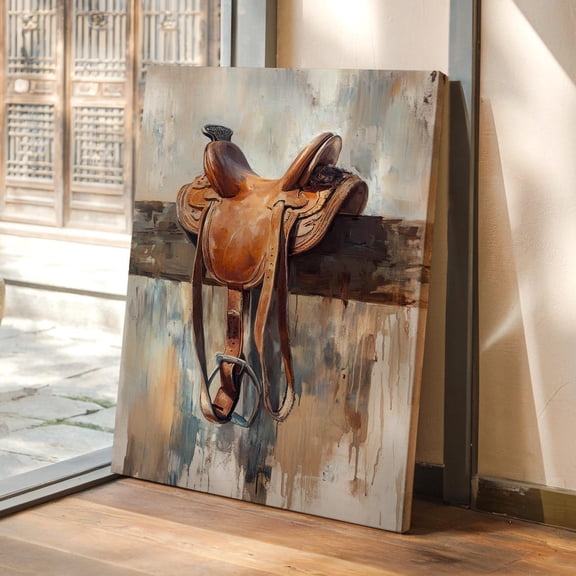 Velto Western Saddle Canvas Art Rustic Cowboy Illustration Vintage Ranch Farmhouse Inspired Wall Decor, SIZE 8x10 INCLUDE Pine Wood Frame 1.25-Inch