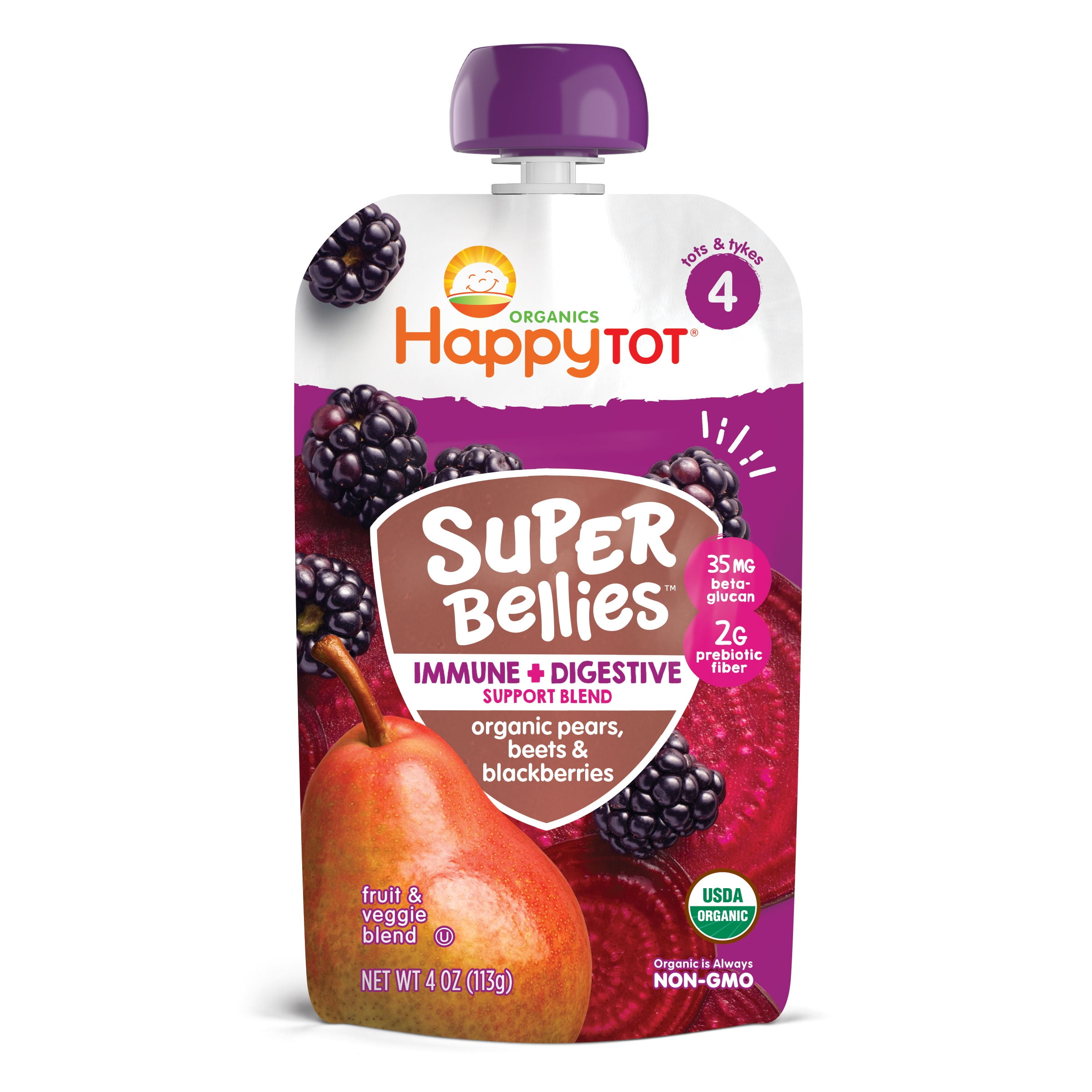 Happy Tot Super Bellies Organic Non-GMO Toddler Baby Food, Pears Beets & Blackberries, 4 oz Pouch