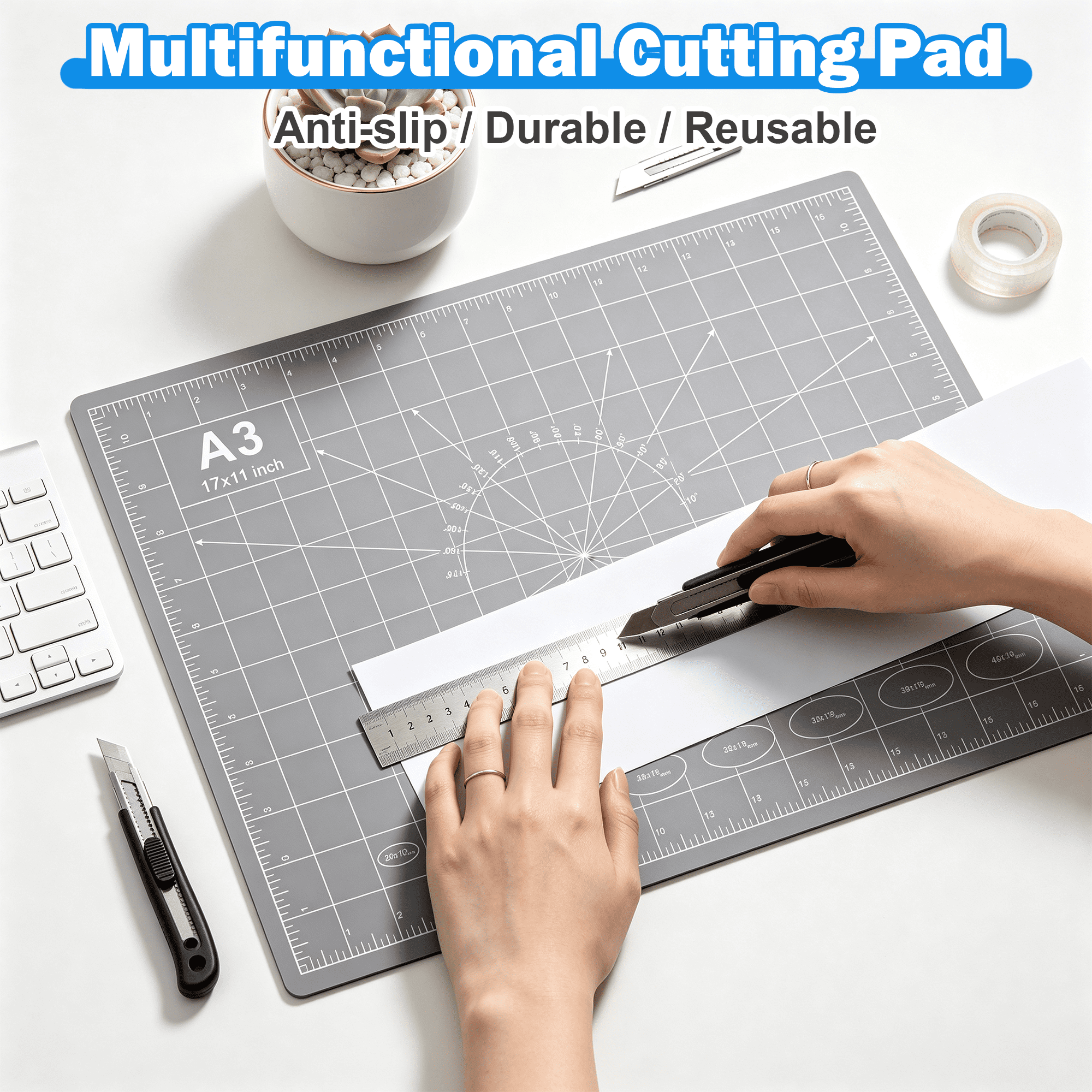 Cutting Mat, 17x11 Inch Self Healing Cutting Mat Pad, Double Sided A3 Size Craft Cutting Pad, Non Slip Art Cutting Mat with Grid Ruler for DIY Craft Sewing