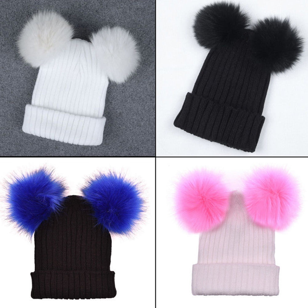 Besufy Adult Knitted Faux Fur Ball Pom Pom Women Lady Beanie Hat Warm Cap  Gift White Pink 
