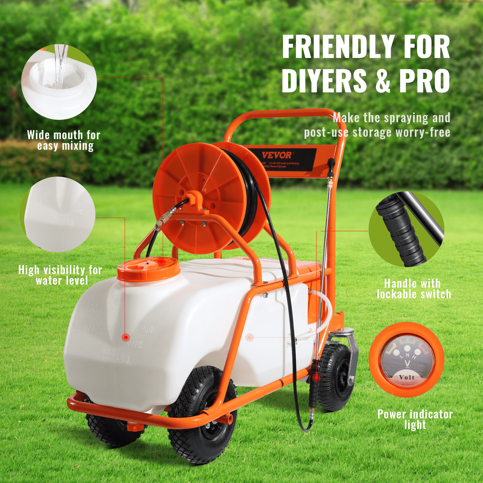 VEVOR Battery Powered Lawn Sprayer on Wheel, 0-90 PSI Adjustable Pressure,  15 Gallon Tank, Cart Sprayer with 8 Nozzles and 2 Wands, 12V 12Ah Battery,  Wide Mouth Lid for Weeding, Spraying