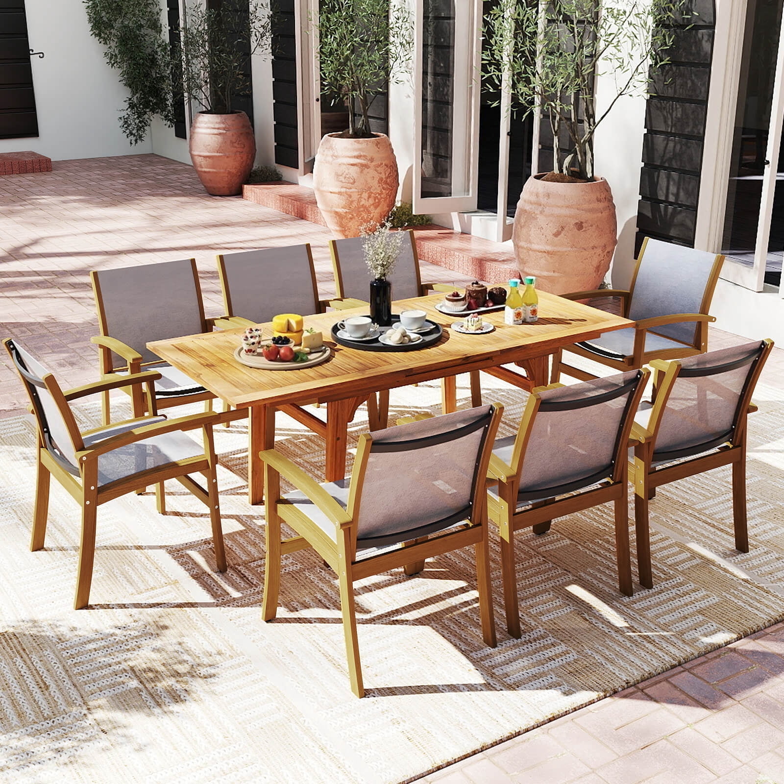 Costway 2 PCS Outdoor Dining Chairs Acacia Wood Patio Chairs with Breathable Fabric Seat