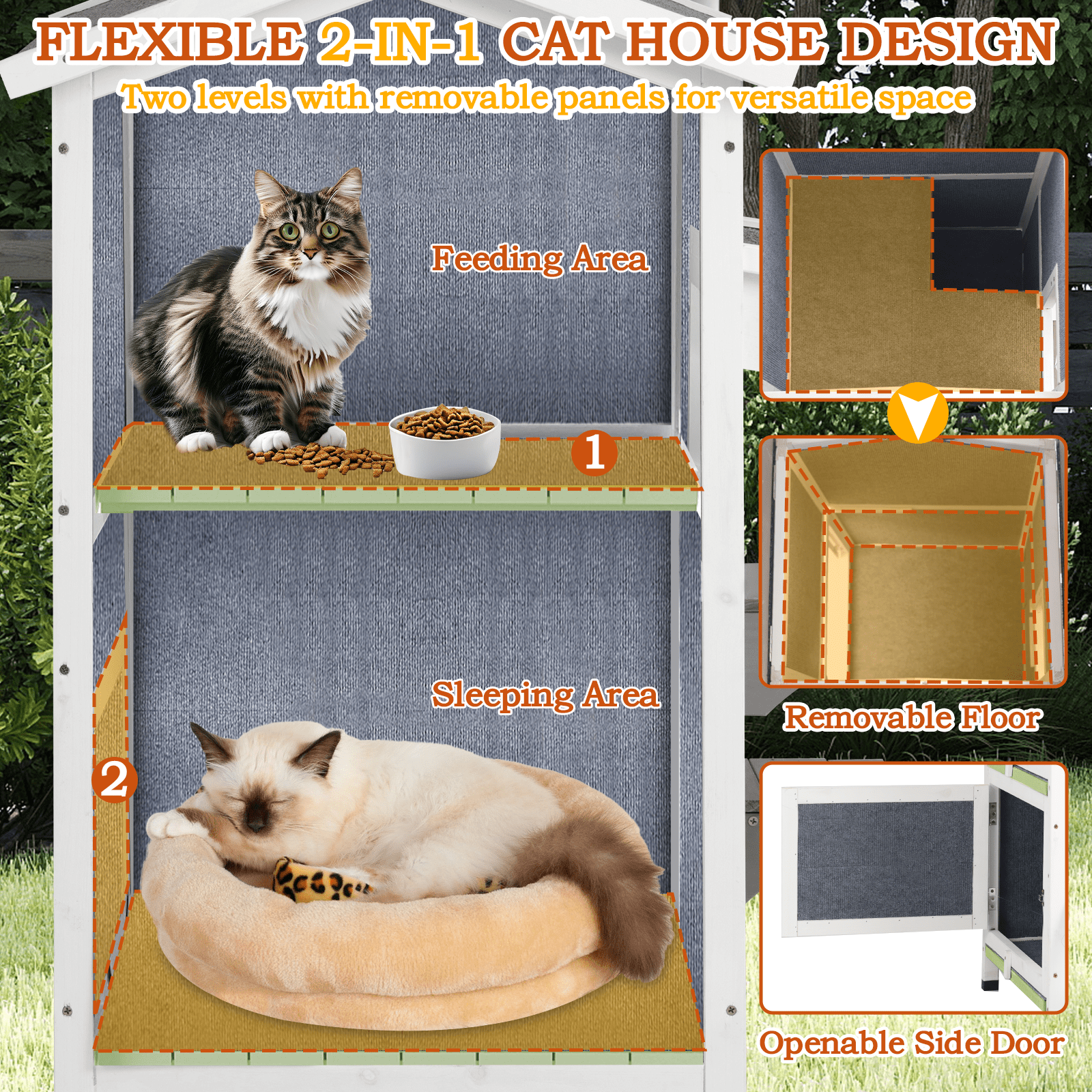 PETSCOSSET Insulated Cat House Outdoor Weatherproof All-Round Insulation Two Story Outside Wooden Feral Cat Shelter, Green