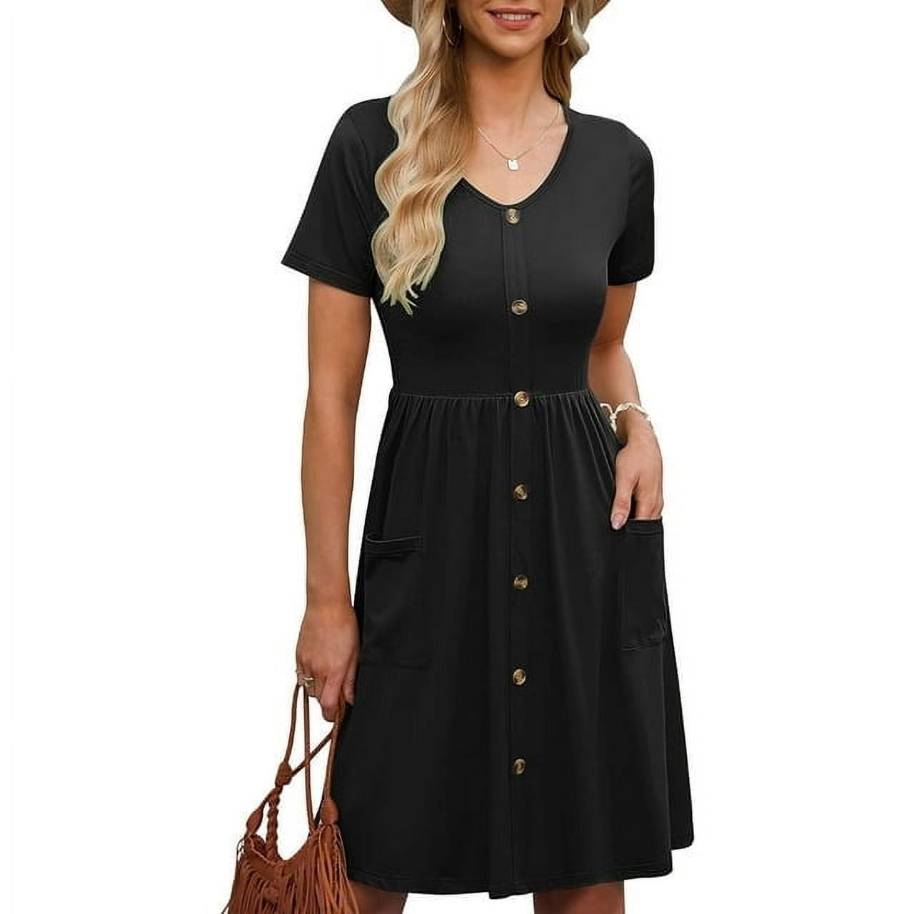 Women's Summer Dresses Casual Short Sleeve Dresses Loose Button Elastic Waist Dress with Pockets