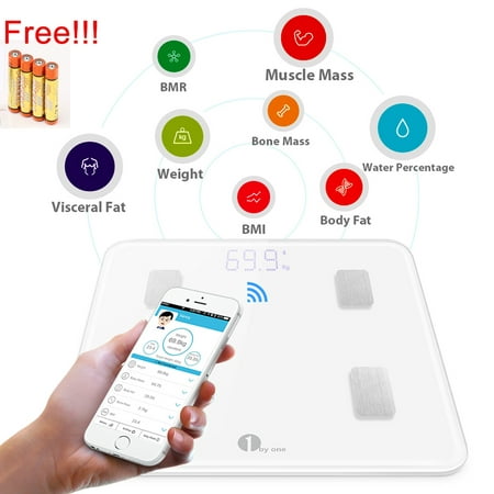 1byone Digital Smart Wireless Body Fat Scale Weight scale with IOS and Android App to Manage Body weight, Body Fat, Water, Muscle Mass, BMI, BMR, Bone Mass and Visceral Fat, White with