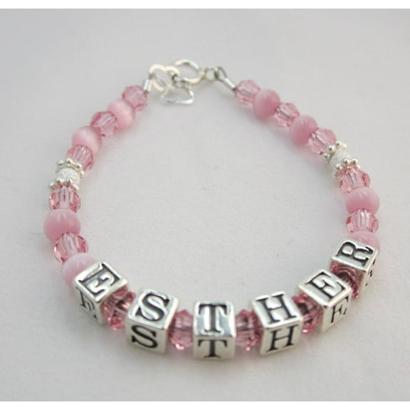Personalized Name infant Baby Bracelet Sterling Silver and European Crystals Cats eye Star dust beads Newborn Baby Toddler Girl (BNSC)
