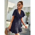 thumbnail image 5 of Navy Blue Polka Dot Side Wrap A-Line Short Dress With V-Neck And Flared Ruffle Sleeves For Women, 5 of 5