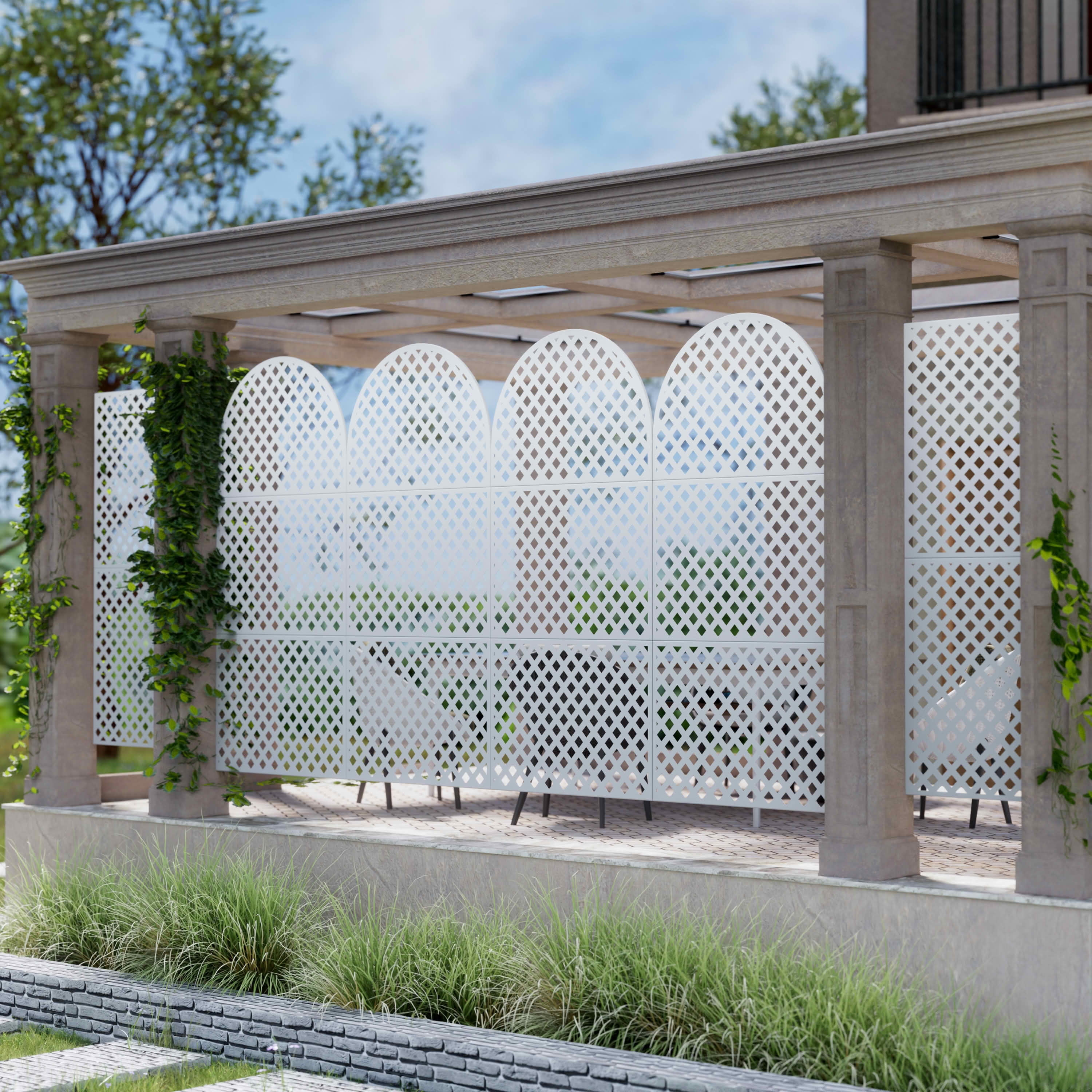 MAYEERTY 72x35x16 Inch White Diamond Arched Galvanized Steel Privacy Screen, 3 Piece Set for Outdoor Garden