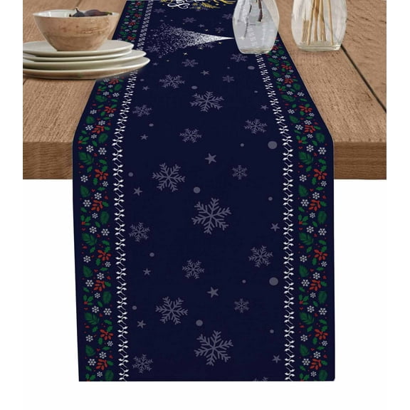 Table Runners 72 Inches Long Dress Scarves, Christmas Elk Farmhouse Kitchen/Dining Table Runner, Coffee Tablerunners, Winter Snowflake Xmas Tree Leaf Navy Blue 13x72 Inch