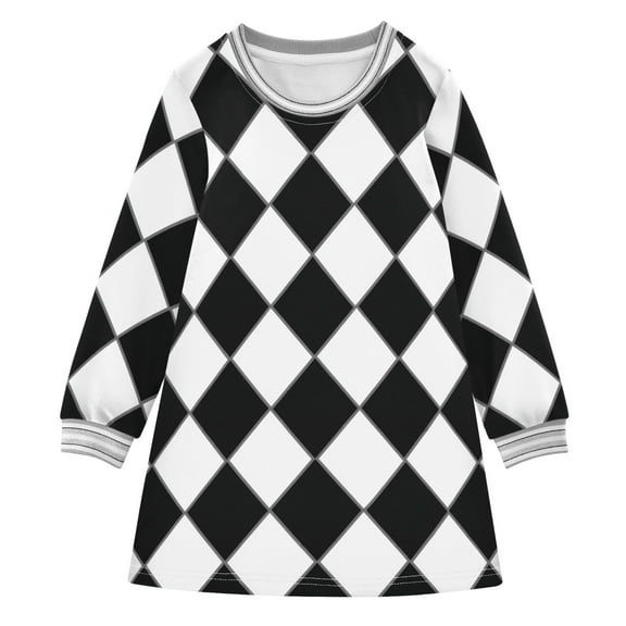 Girls' long-sleeved dress Diamond Black and White Grid Girls' A-line dress with ribbed cuffs Soft and comfortable