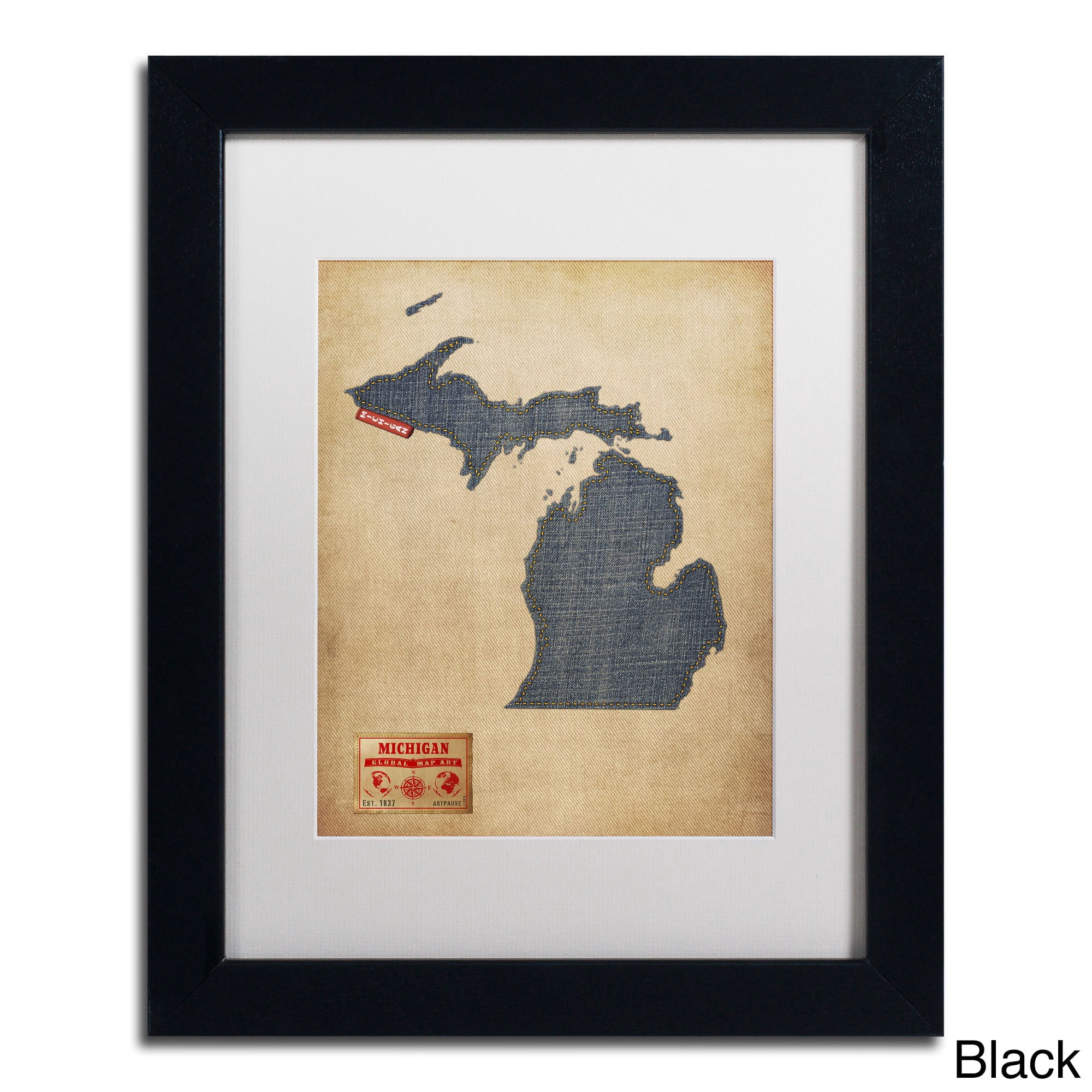 Trademark Fine Art "Michigan Map Denim Jeans Style" Canvas Art by Michael Tompsett, White Matte, Wood Frame