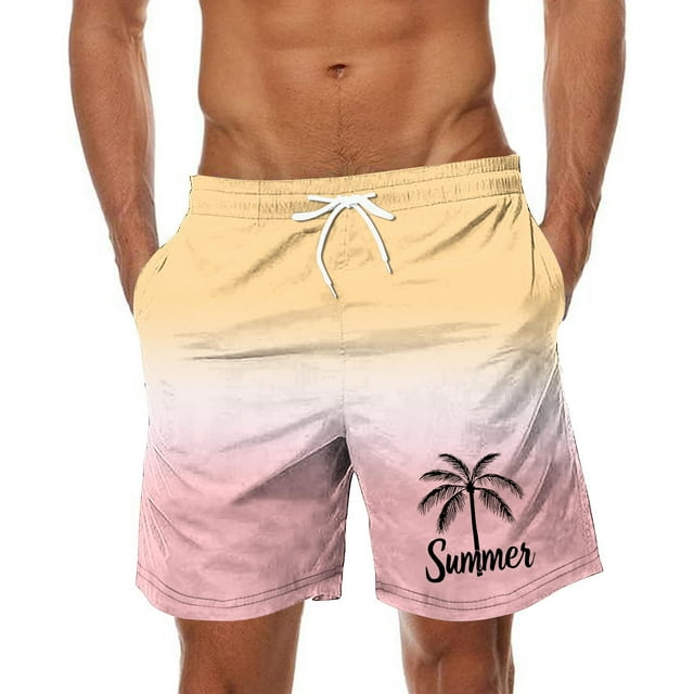 RKSTN Swim Shorts for Mens Gradient Landscape Print Ultra Plus Size Color Blocking Elastic Waist Drawstring Versatile Beach Vacation Casual Shorts with Pockets