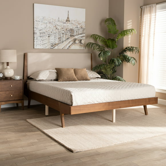 Baxton Studio Sennae Mid-Century Modern Beige Fabric Upholstered and Walnut Brown Finished Wood Queen Size Platform Bed