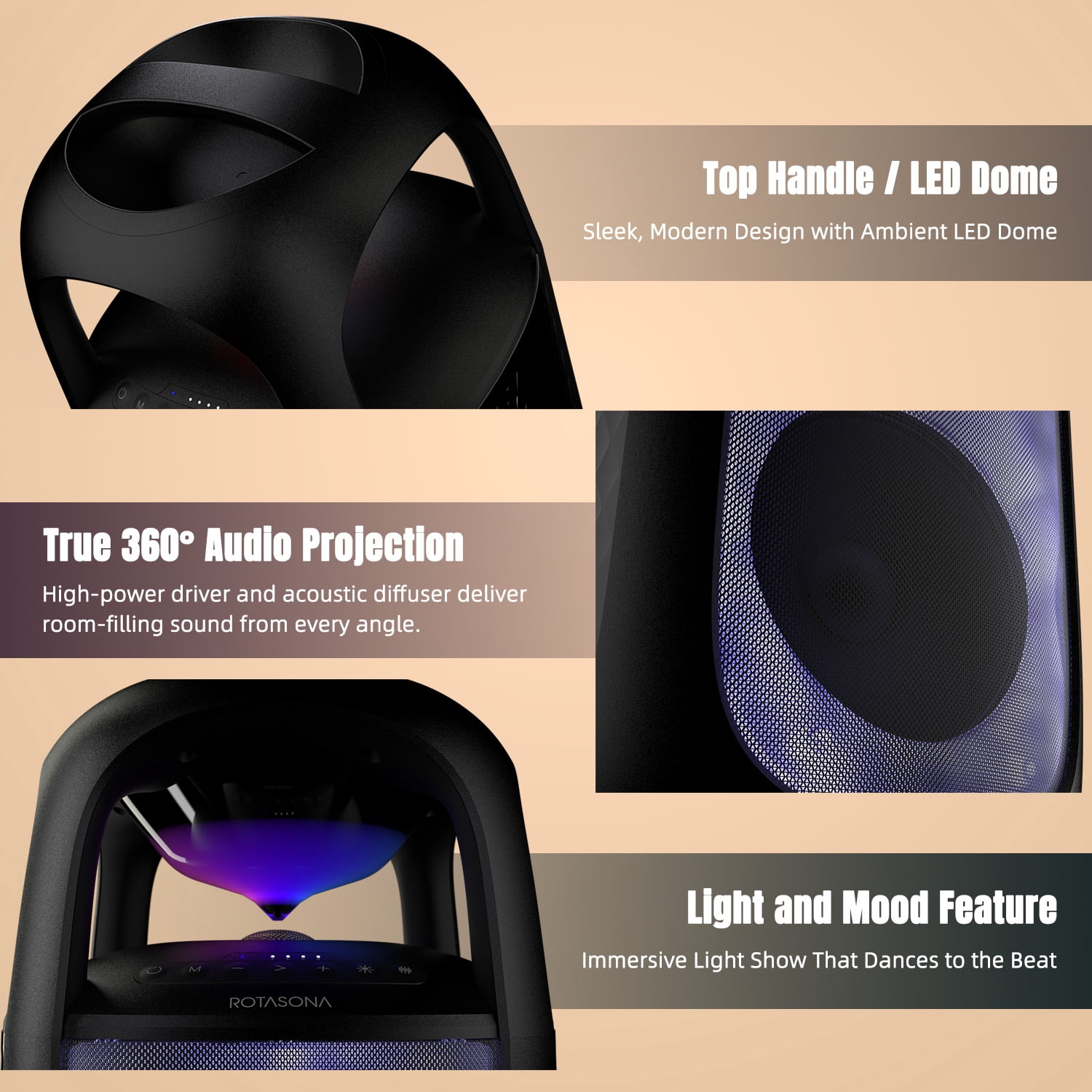 Rotasona Max Portable Bluetooth Party Speaker with RGB Lights, 360 Sound, Deep Bass, Outdoor EQ, USB Playback, IPX4, Black